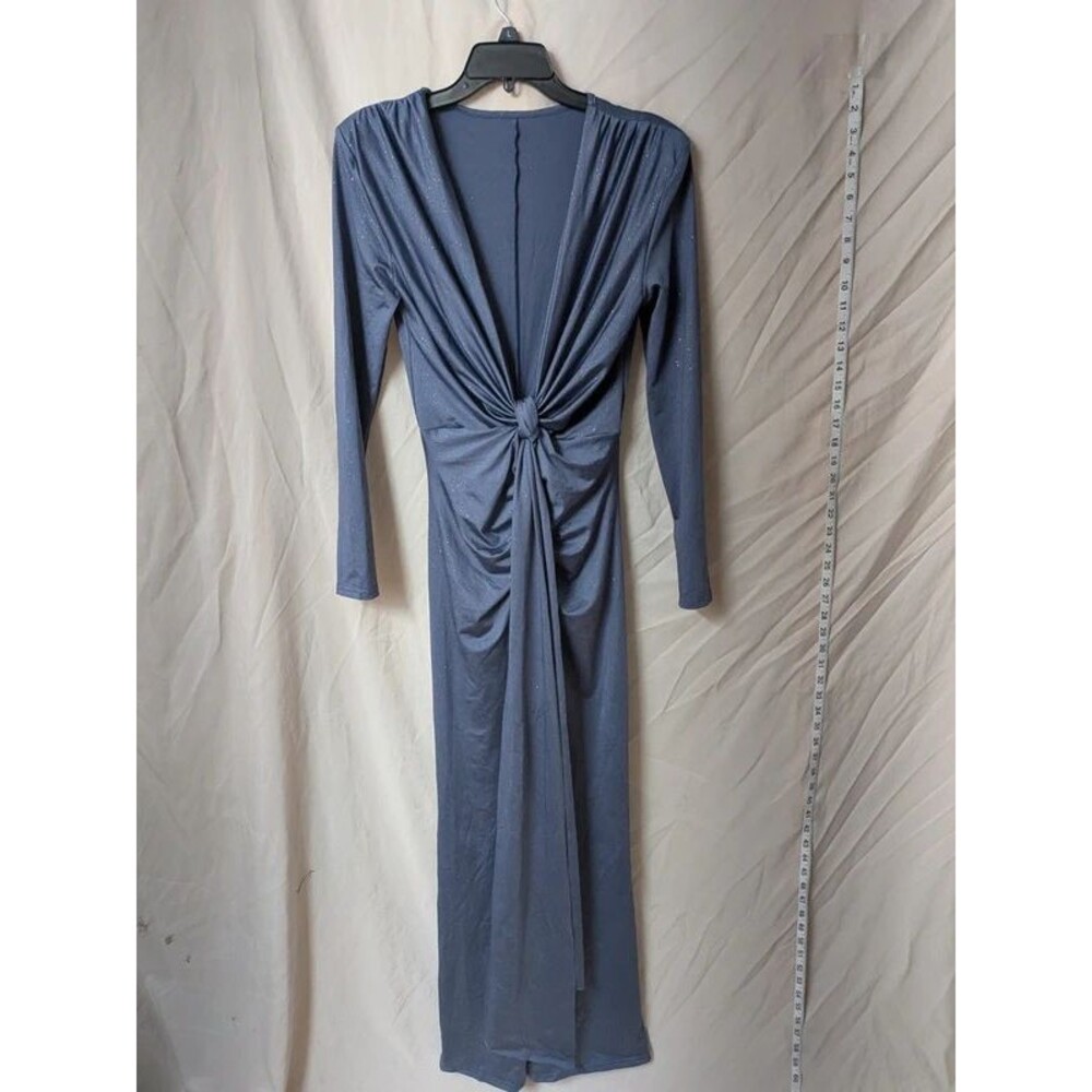 NWT Glitter Slinky Jersey Knot Front Maxi Dress Long Sleeve Deep V-Neck Blue L